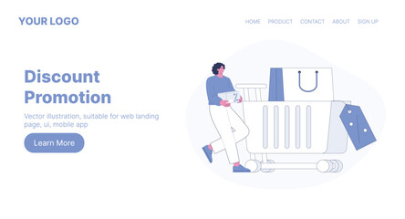 Discount Promotion. Web Landing Page Design. Flat Cartoon Vector Illustration. Vector illustration, suitable for web landing page, ui, mobile app.