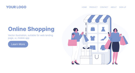Online Shopping. Web Landing Page Design. Flat Cartoon Vector Illustration. Vector illustration, suitable for web landing page, ui, mobile app.