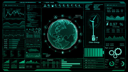 Fototapeta premium Sophisticated digital monitoring dashboard showcasing global renewable energy statistics with a detailed earth model and clean energy icons. 3d rendering