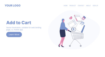 Add to Cart. Web Landing Page Design. Flat Cartoon Vector Illustration. Vector illustration, suitable for web landing page, ui, mobile app.