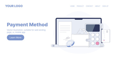 Payment Method. Web Landing Page Design. Flat Cartoon Vector Illustration. Vector illustration, suitable for web landing page, ui, mobile app.