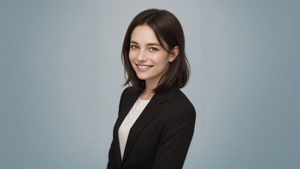 Beautiful short haired woman in business suit looking at camera smiling friendly on light solid background