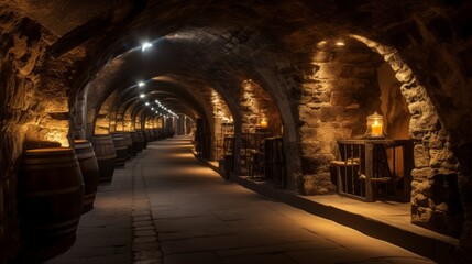 Generative AI Underground wine cellar, stone walls, medieval architecture - Powered by Adobe