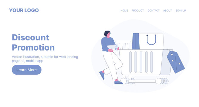 Discount Promotion. Web Landing Page Design. Flat Cartoon Vector Illustration. Vector illustration, suitable for web landing page, ui, mobile app.