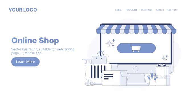 Online Shop. Web Landing Page Design. Flat Cartoon Vector Illustration. Vector illustration, suitable for web landing page, ui, mobile app.