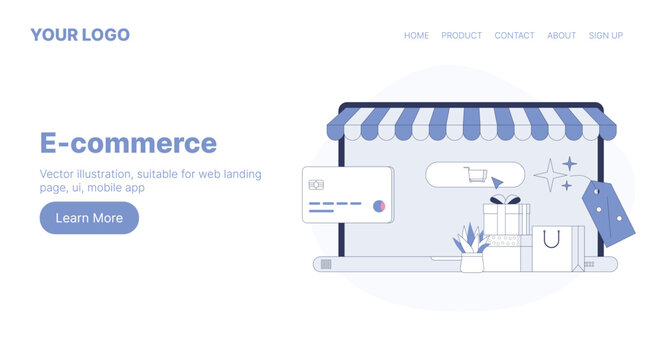 E-commerce. Web Landing Page Design. Flat Cartoon Vector Illustration. Vector illustration, suitable for web landing page, ui, mobile app.