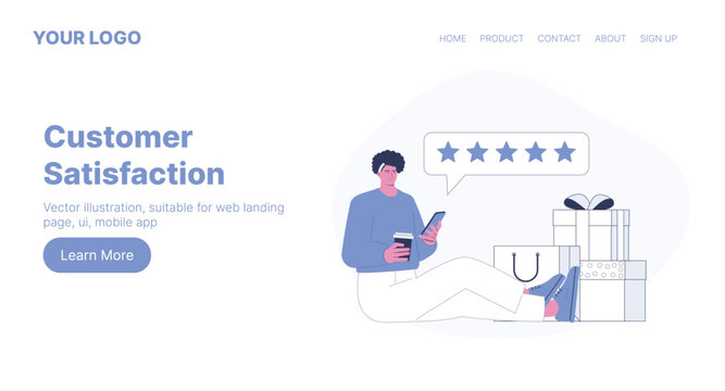Customer Satisfaction. Web Landing Page Design. Flat Cartoon Vector Illustration. Vector illustration, suitable for web landing page, ui, mobile app.