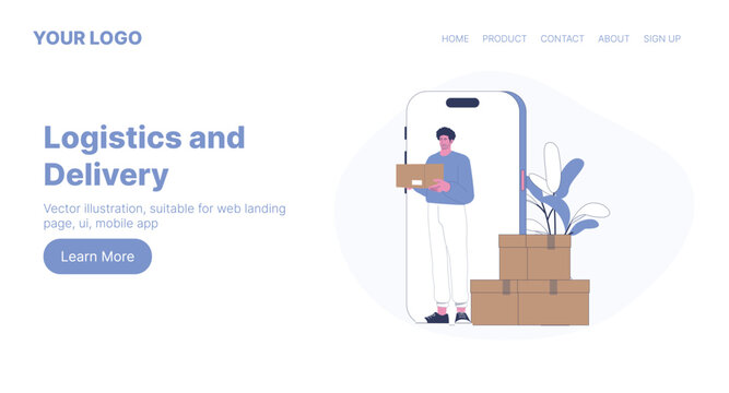 Logistics and Delivery. Web Landing Page Design. Flat Cartoon Vector Illustration. Vector illustration, suitable for web landing page, ui, mobile app.