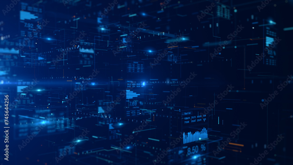 Poster complex digital visualization of financial data with dynamic charts and graphs, showcasing real time