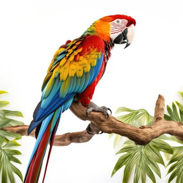 multi colored macaw perching on branch in tropical forest