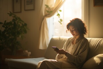 Woman using cellphone on couch in cozy living room, Pretty Asian woman is sitting on the floor beside her bed and using her smartphone, watching videos - obrazy, fototapety, plakaty