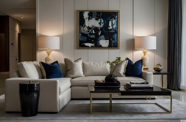 Modern Elegance: A Luxurious Living Room Bathed in Soft Light, Adorned with Art and Comfortable Furnishings for Relaxation, generative AI