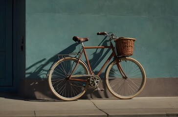Quiet Corner: A Vintage Bicycle Rests Against a Two-Toned Wall, generative AI