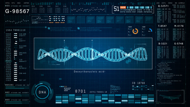High tech digital interface for genetic research displaying a detailed DNA structure analysis, emphasizing advancements in biotechnology and genomics. 3d rendering