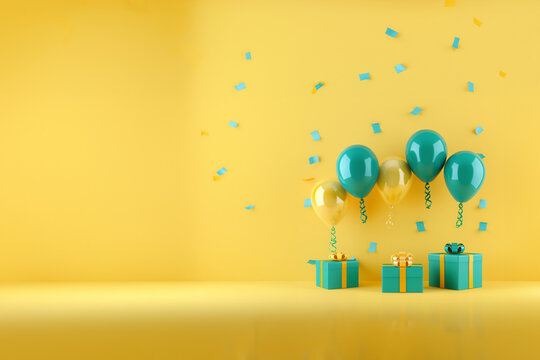 ballons baudruche verts et jaune m&eacute;tallis&eacute; au dessus de paquets cadeaux verts &agrave; ruban jaune. fond jaune, pour c&eacute;l&eacute;brations, anniversaires, f&ecirc;te, nouvel an, baby shower, Espace n&eacute;gatif texte copyspace