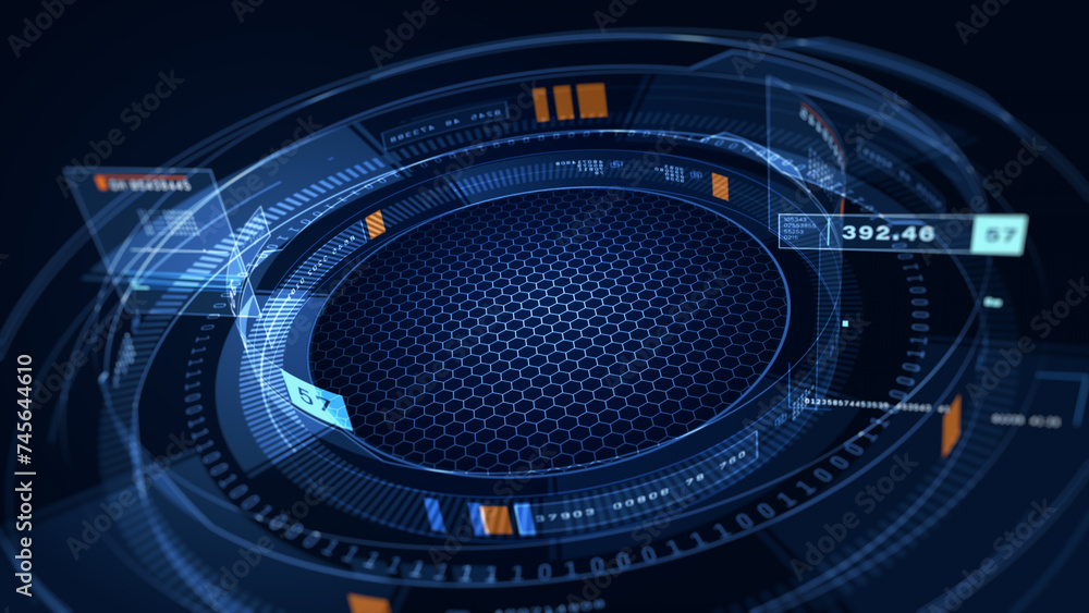 Poster futuristic digital interface with hexagonal design elements and complex analytics displays, symboliz