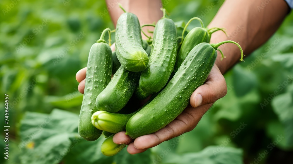 Poster close-up of a man's hands holding a bunch of cucumbers, harvesting in a greenhouse generative ai