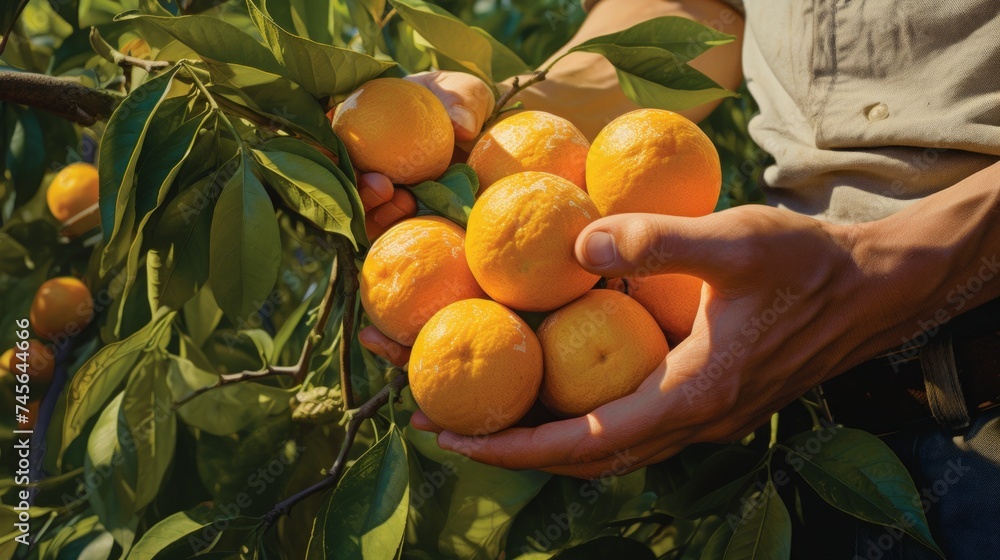 Poster close-up of a man's hands holding a bunch of oranges, harvesting in the garden generative ai