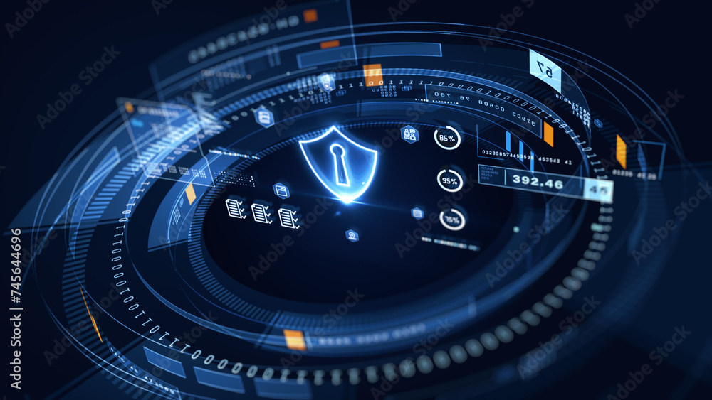 Aufkleber A modern cybersecurity interface showcasing a digital shield for data protection, with metrics and encryption status indicators for enhanced security monitoring. 3d rendering