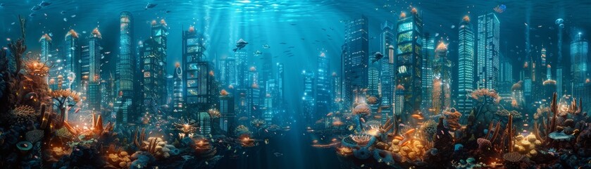 Undersea city with cybernetic enhancements, a glimpse into a future aquatic civilization - obrazy, fototapety, plakaty