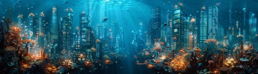 Foto op Canvas Undersea city with cybernetic enhancements, a glimpse into a future aquatic civilization © AlexCaelus
