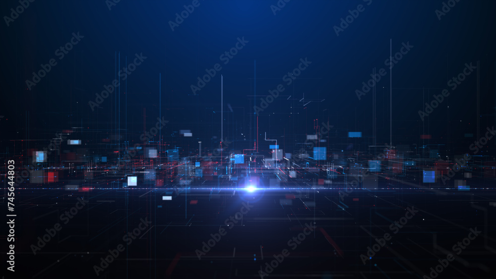 Poster a high tech digital visualization of a cityscape at night, featuring dynamic lights and a futuristic