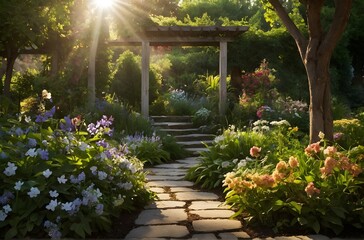 Fototapeta premium Sunlit Serenity: A Peaceful Garden Landscape Bathed in the Glow of Morning Light, generative AI