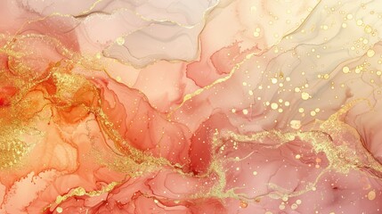 A luxurious background banner with abstract peach and gold marble texture, embellished with swirling waves of golden and rose gold tones, complemented by painted splashes.
