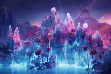 Diverse geographical terrains, featuring holographic representations of tropical forests, arctic landscapes, and desert dunes. The environment is bathed in neon lights. - obrazy, fototapety, plakaty