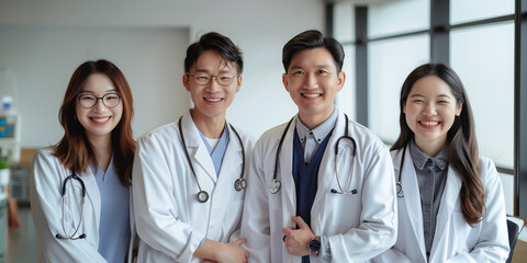 Fototapeta premium group of smiling Asian male doctors and smiling Asian female doctors standing together.