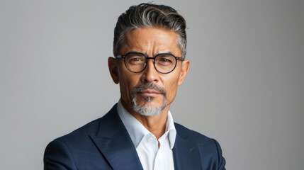 close-up portrait of a mature, professional man with gray hair, wearing glasses and a navy blue suit.