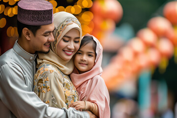 lovely asian muslim family embracing during family eid mubarak celebration 