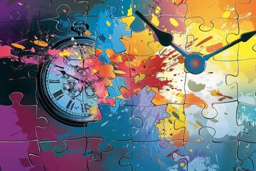 Illustration of a puzzle clock exploding