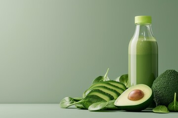 3d mockup bottle of green smoothie with fresh green avocado and spinach near, minimalism, green solid color background. Copy space. Healthy food. Template for your design, space for packaging.