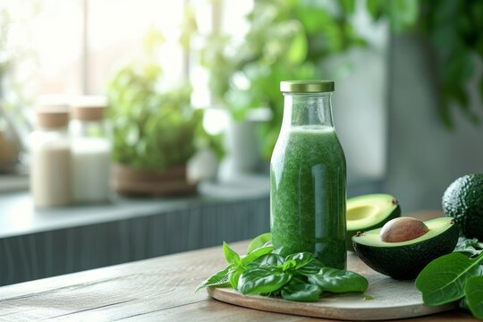 mockup bottle of green smoothie with fresh avocado near placed on a kitchen table, minimalism. Copy space. Healthy food. Template for your design, space for packaging branding.