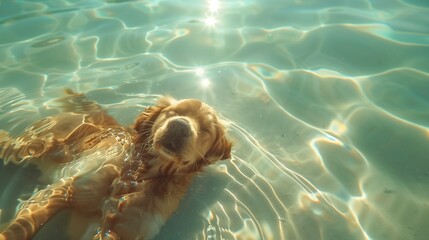 Adorable Golden Retriever swimming in clear water with bright colors like the Maldives sea. The sunlight hits Reflects a natural light gold color.
