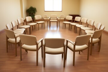 Empty chairs arranged for group therapy session in psychologist s office setting with care