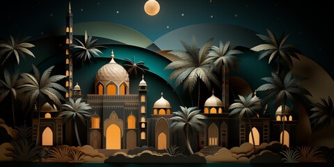 Night mosque quilling paper craft with moon crescent. Ramadan kareem greeting card