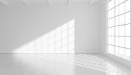 	
Empty room with sunlight shining, large window. White gradient soft light background of studio for artwork design.