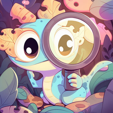 A cute alien peering through a magnifying glass, exploring the mysteries of horoscopes and macro worlds with intelligence