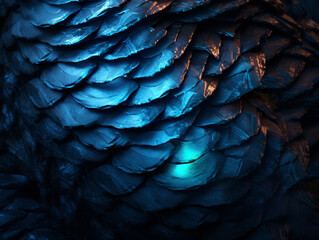 Obraz premium Close-up of ancient dragon scales, glowing with ethereal light in a dark cave