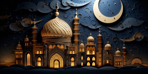 Night mosque quilling paper cut with moon crescent. Ramadan Kareem greeting card