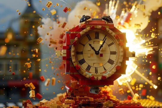 Explosion of a clock assembled from construction bricks