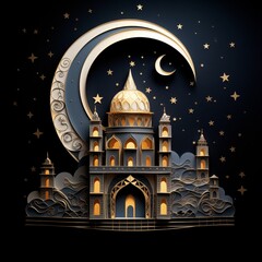 Night mosque quilling paper craft with moon crescent. Ramadan Kareem greeting card