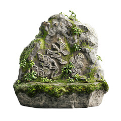 moss-covered stone with intricate carvings isolated on transparent background, png