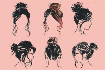 Hairstyle ideas suitable for healthy hair. Silhouettes of simple and stylish hairstyles. The beauty of well-groomed hair. - obrazy, fototapety, plakaty