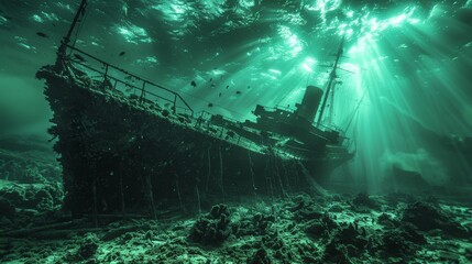 Wreck diving, exploring sunken relics, stories preserved in the deep - obrazy, fototapety, plakaty