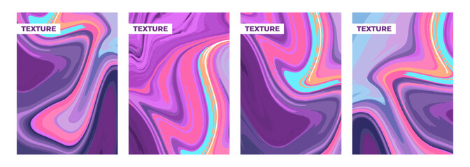 Set of color ink textures. Curved wavy patterns for creative graphic design. Ebru style. Purple, pink and blue colors. Vector illustration.