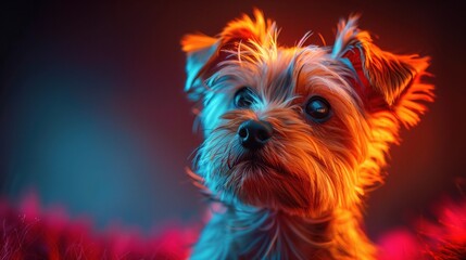 Naklejka premium ethereal yorkie, fractal light, neon patterns, vintage photo.