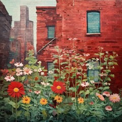 Fototapeta na wymiar Artistic depiction of flowers in front of a brick building